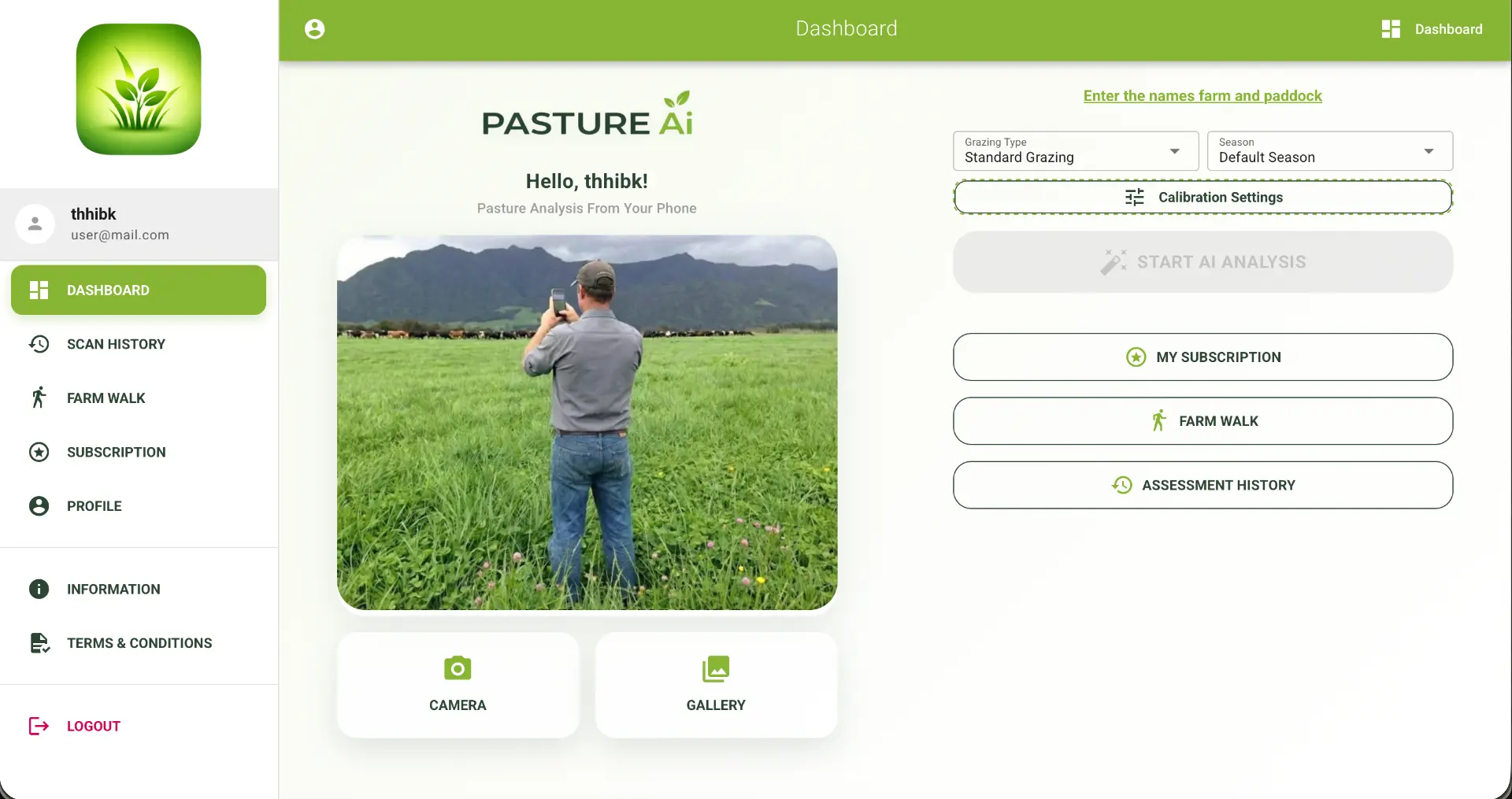 Pasture Ai dashboard showing pasture cover history across paddocks