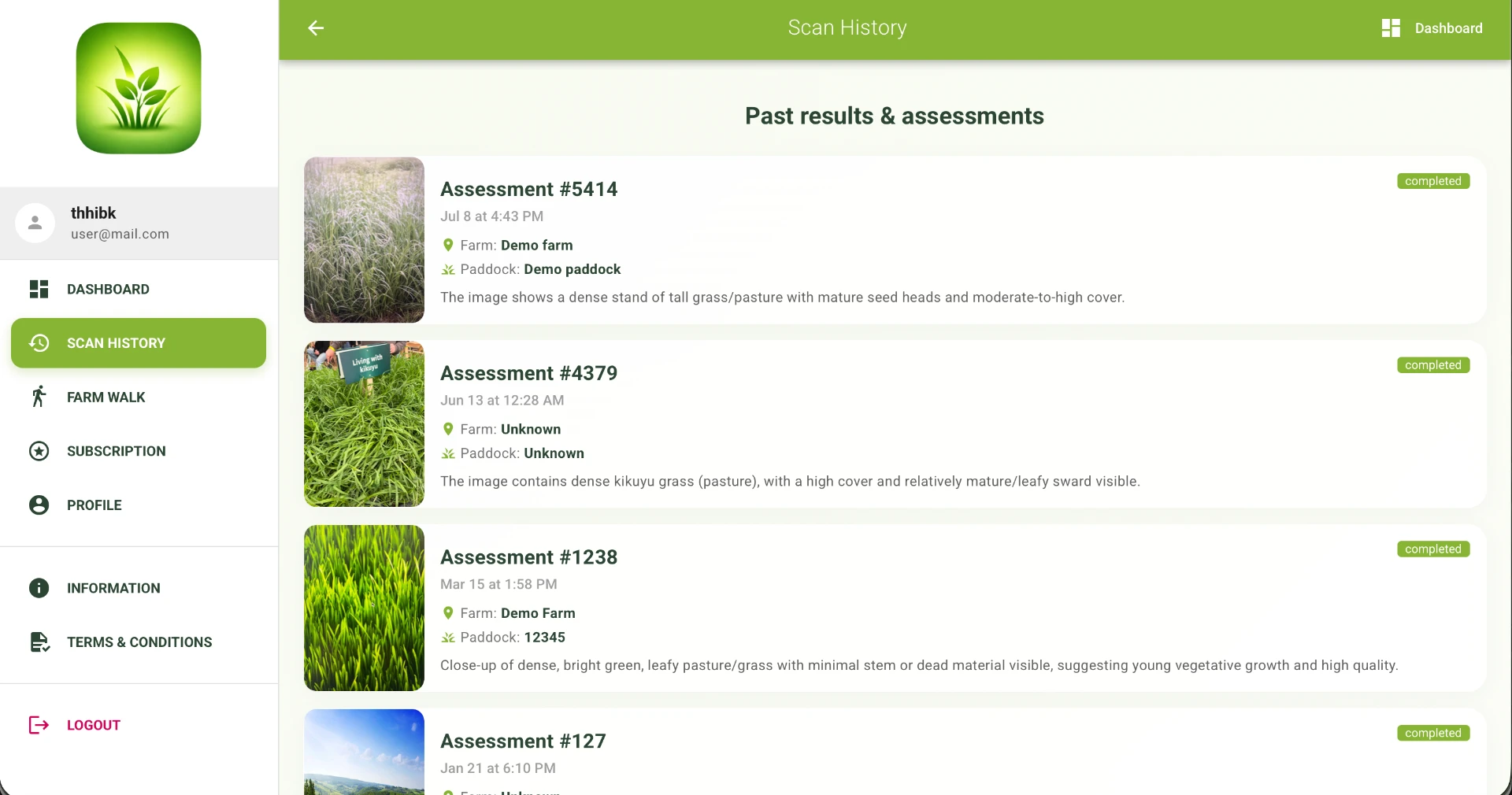 Assessment history in the Pasture Ai web app